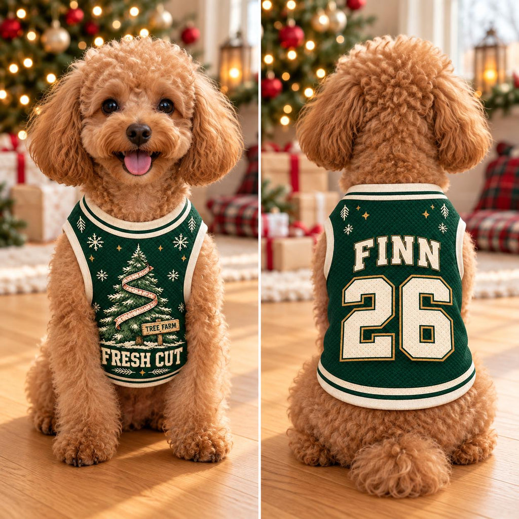 Fresh Cut Pet Jersey, Personalized Dog Name Number Shirt, Christmas Tree Farm Pet Top, Holiday Sports Outfit, Custom Dog Gift