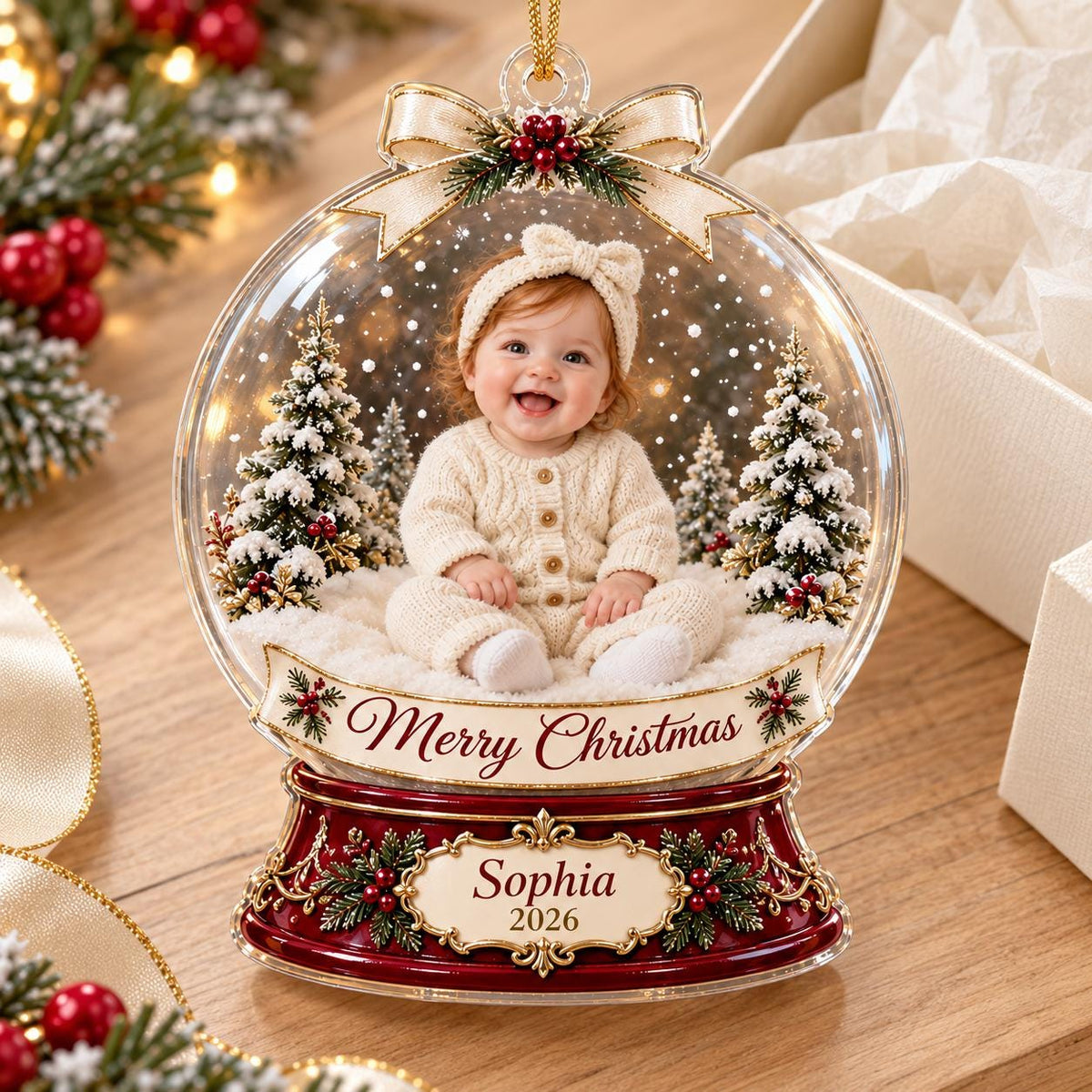 Snow Globe Baby Ornament, Personalized Photo Acrylic Keepsake, Custom Name Year, Christmas Baby Gift