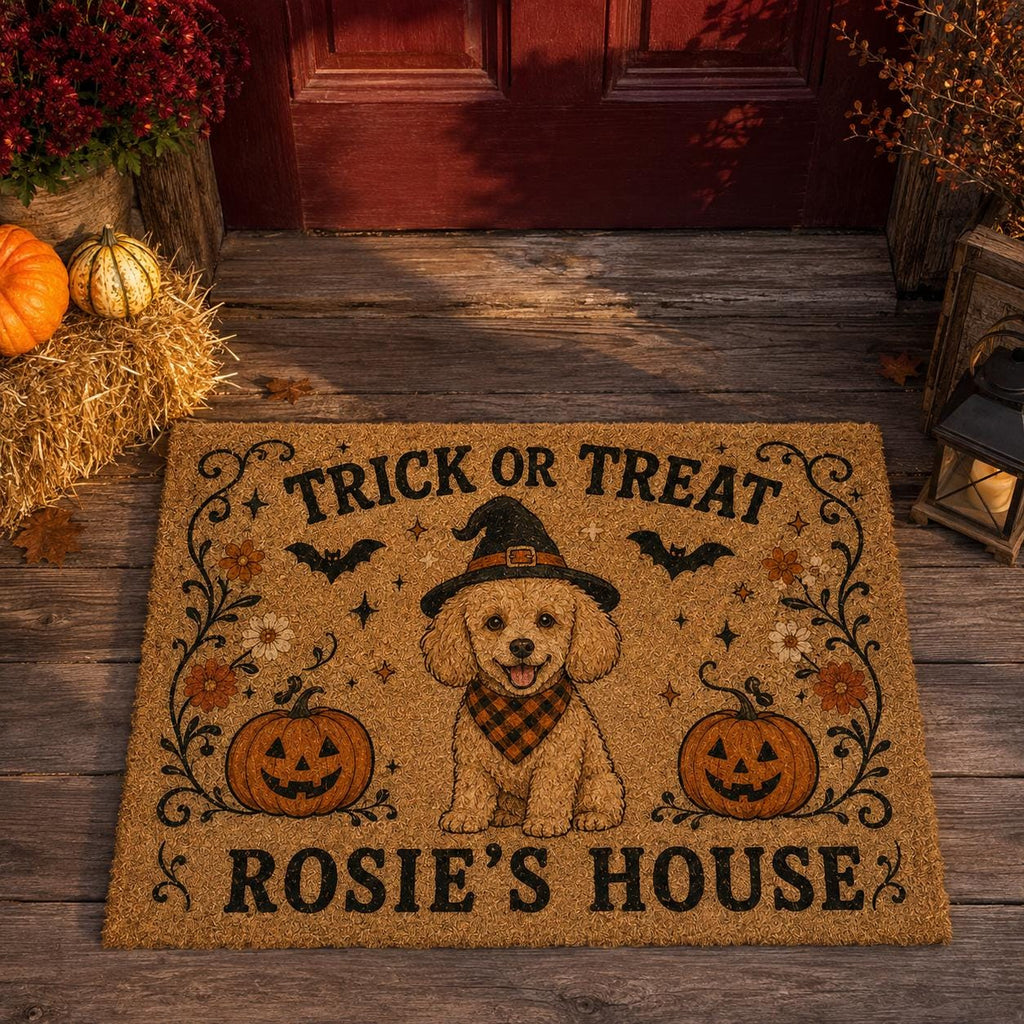 Personalized Halloween Cat Doormat, Trick or Treat Kitty Door Mat, Custom Pet Name Welcome Mat, Pumpkin Fall Porch Decor