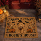 Personalized Halloween Cat Doormat, Trick or Treat Kitty Door Mat, Custom Pet Name Welcome Mat, Pumpkin Fall Porch Decor