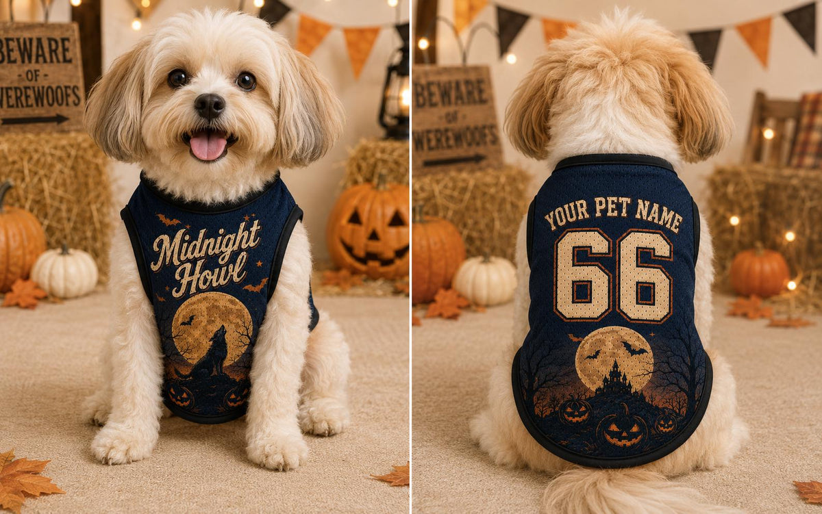 Midnight Howl Pet Jersey, Personalized Dog Name Number Shirt, Werewolf Halloween Costume, Full Moon Pumpkin Outfit, Spooky Pet Gift