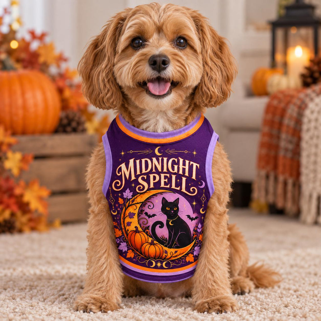 Midnight Spell Pet Jersey, Personalized Dog Name Number Shirt, Black Cat Halloween Top, Pumpkin Pet Costume, Spooky Gift