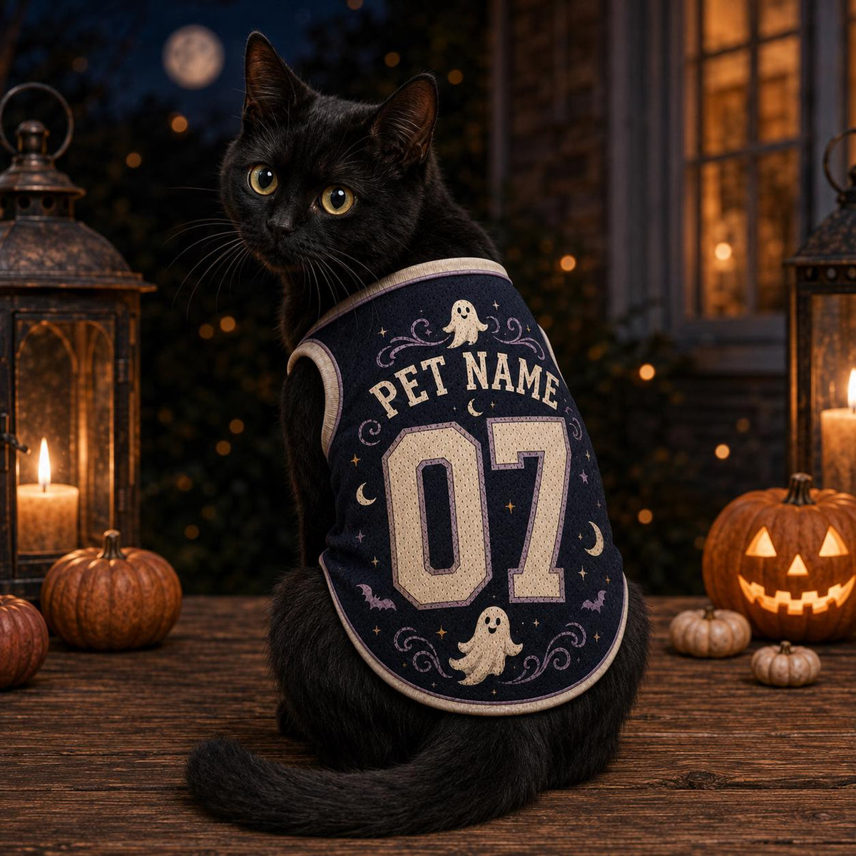 Ghost Cat Pet Jersey, Personalized Pet Name Number Shirt, Black Cat Halloween Outfit, Spooky Moon Dog Cat Jersey, Custom Pet Gift
