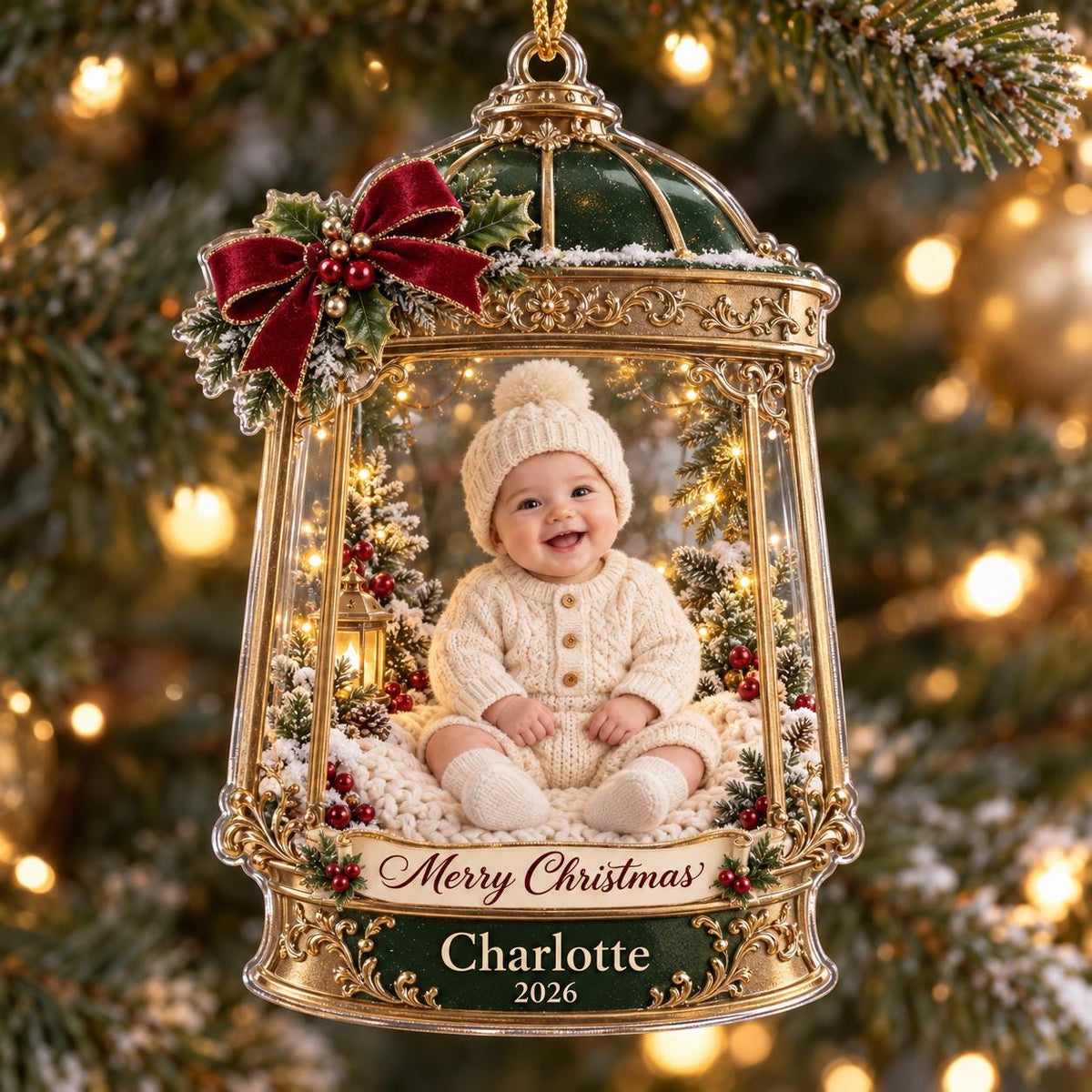 Christmas Lantern Baby Ornament, Personalized Photo Acrylic Keepsake, Custom Name Year, First Holiday Gift