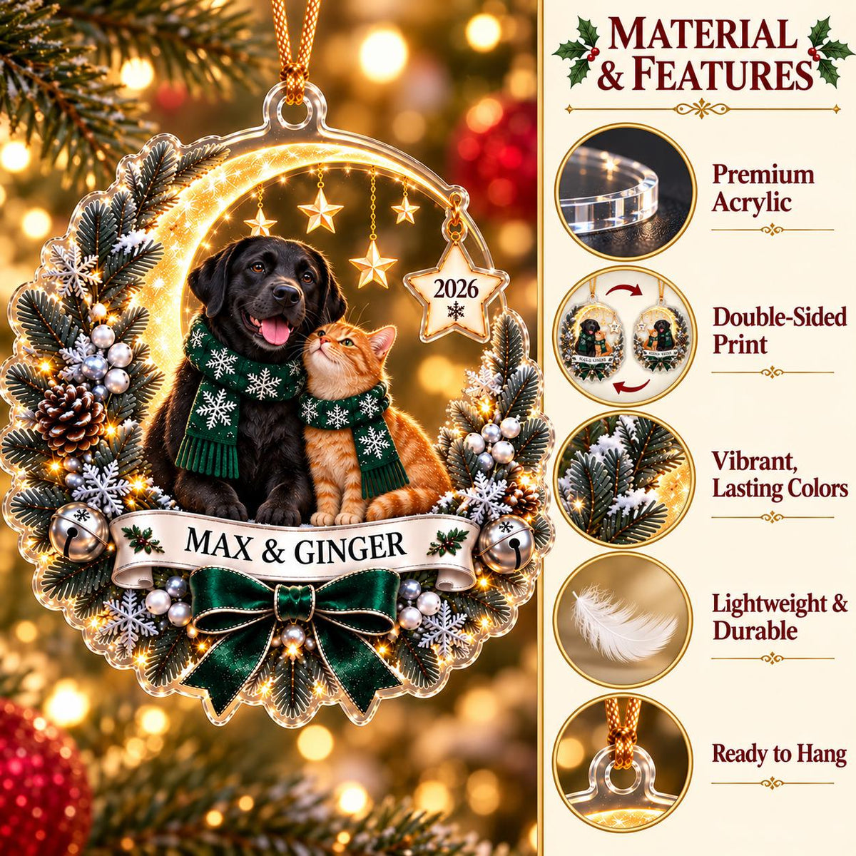 Dog & Cat Christmas Keepsake, Custom Pet Name Acrylic Ornament, Winter Holiday Decor, Personalized Pet Family Gift