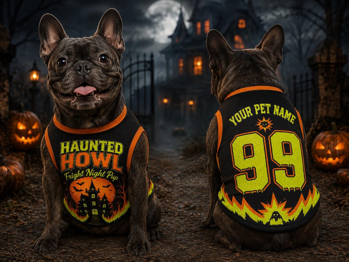 Haunted Howl Dog Jersey, Personalized Pet Name Number Shirt, Fright Night Pup Halloween Costume, Spooky Haunted House Pet Outfit