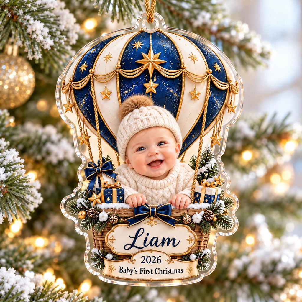 Baby First Christmas Ornament, Personalized Photo Acrylic Ornament, Hot Air Balloon Keepsake, Custom Name 2026 Baby Gift