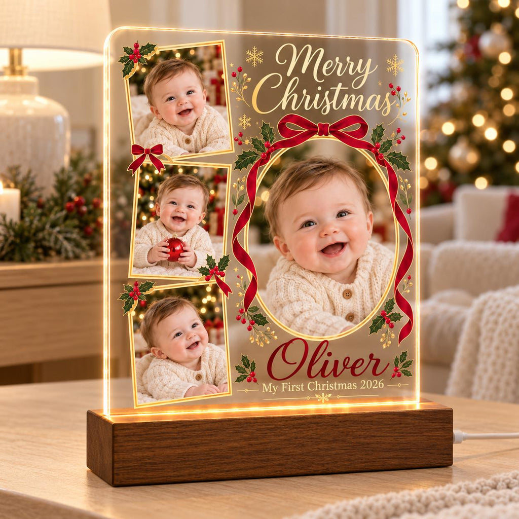 Christmas Photo Collage Lamp, Personalized Baby Acrylic Plaque, Custom Name Year, First Christmas Keepsake