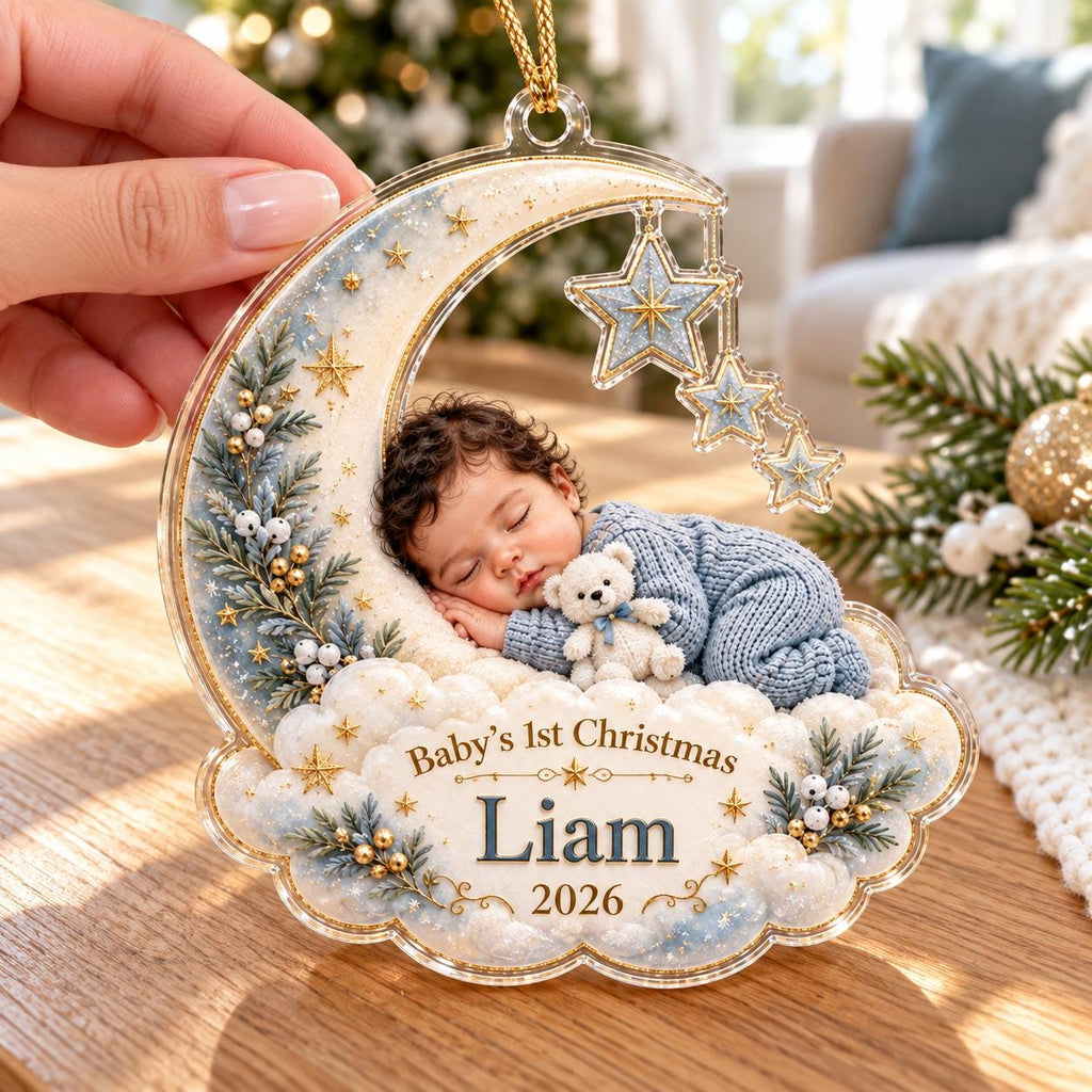 Crescent Moon Baby Ornament, Personalized Photo Acrylic Keepsake, Custom Name Year, Baby First Christmas Gift