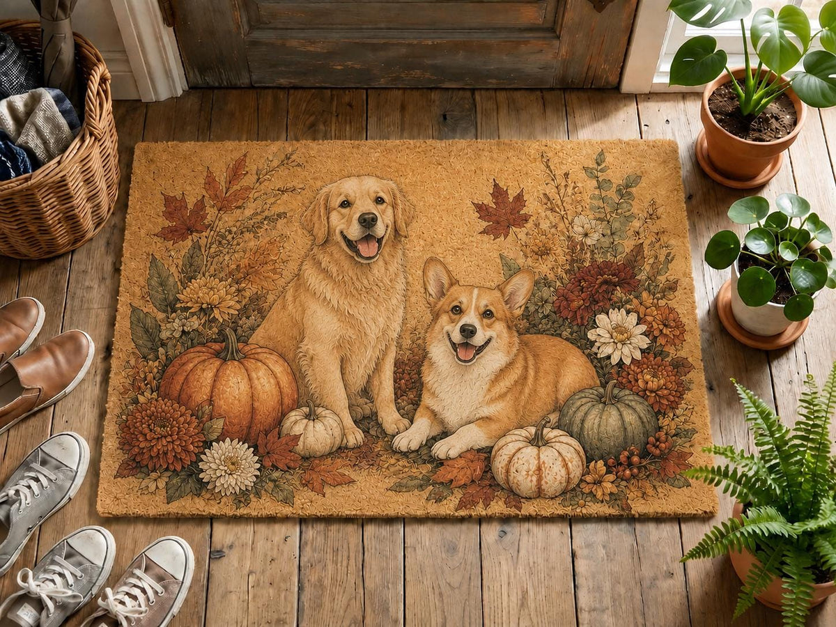 Personalized Fall Pet Doormat, Custom Dog Portrait Welcome Mat, Autumn Pumpkin Floral Door Decor, Pet Lover Housewarming Gift