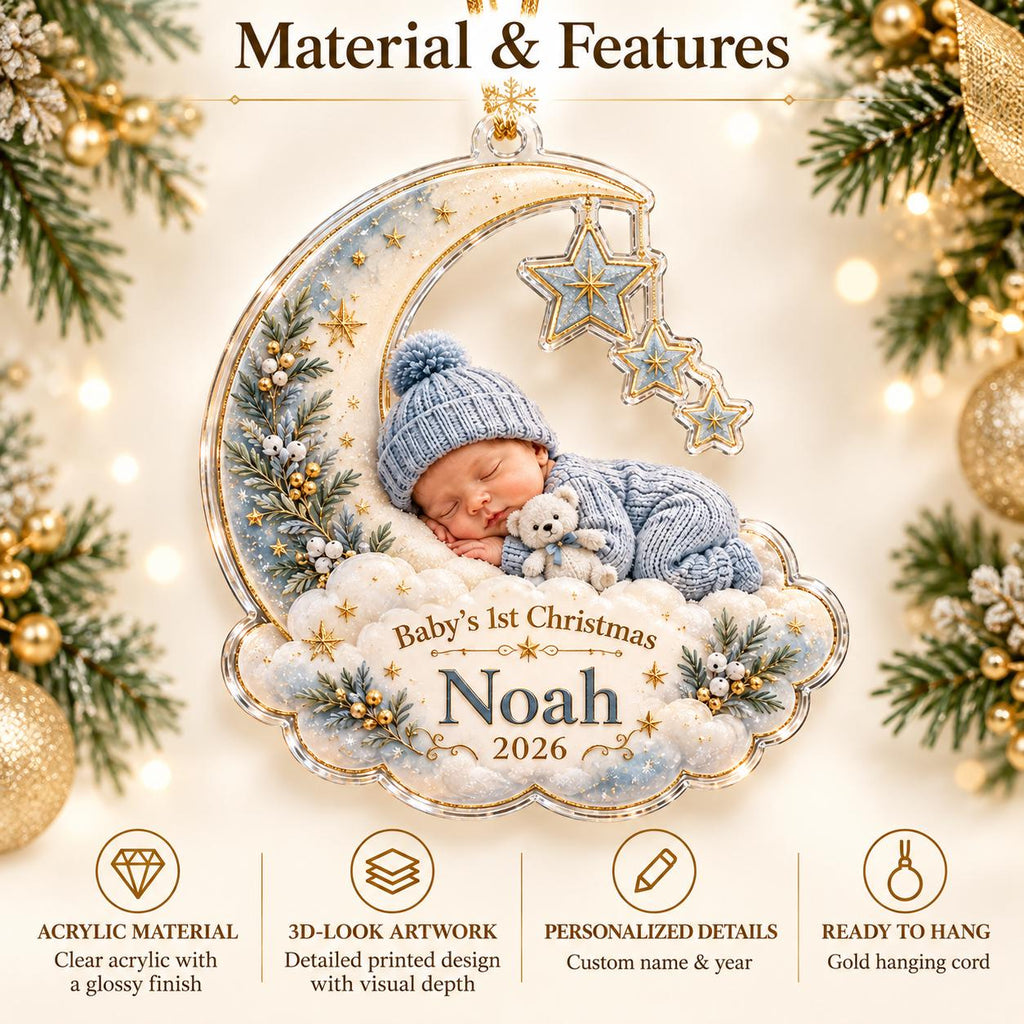 Crescent Moon Baby Ornament, Personalized Photo Acrylic Keepsake, Custom Name Year, Baby First Christmas Gift
