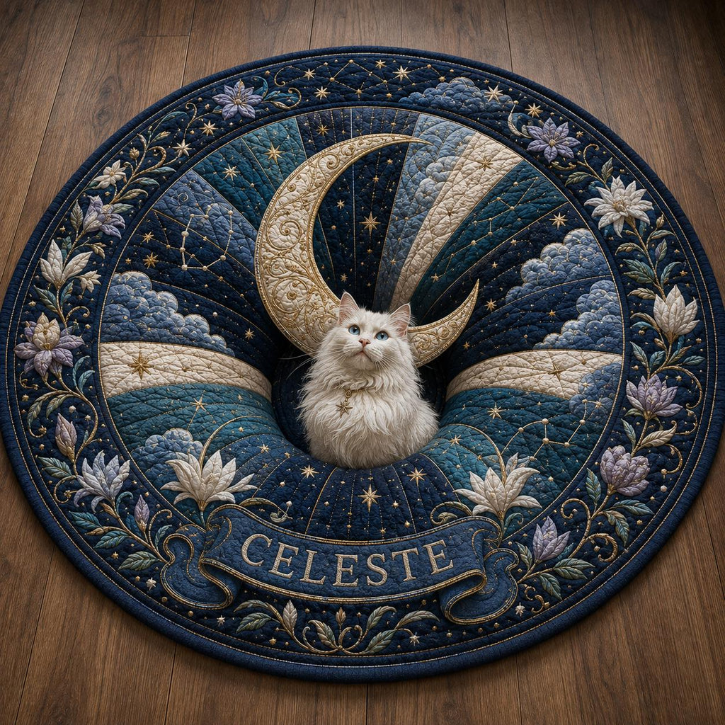 Celestial Cat Round Rug, Personalized Moon Cat Area Rug, Starry Night Floor Mat, Mystical Cat Lover Decor, Custom Name Gift