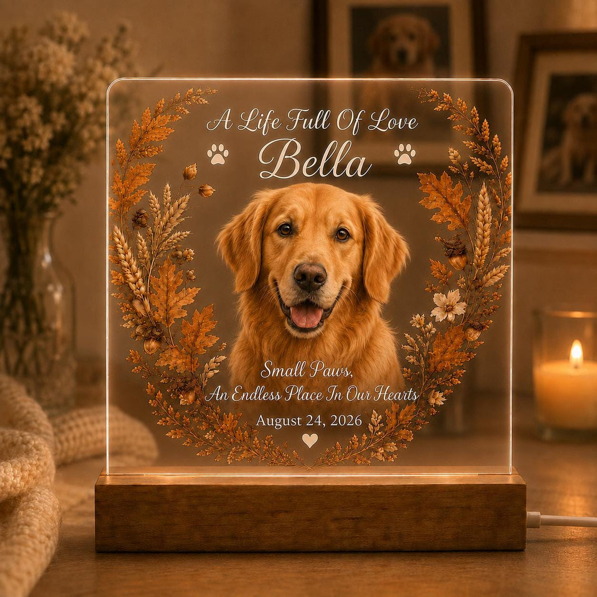 Dog Memorial Night Light, Personalized Pet Photo Acrylic Plaque, Golden Retriever Remembrance, Pet Loss Gift for Her