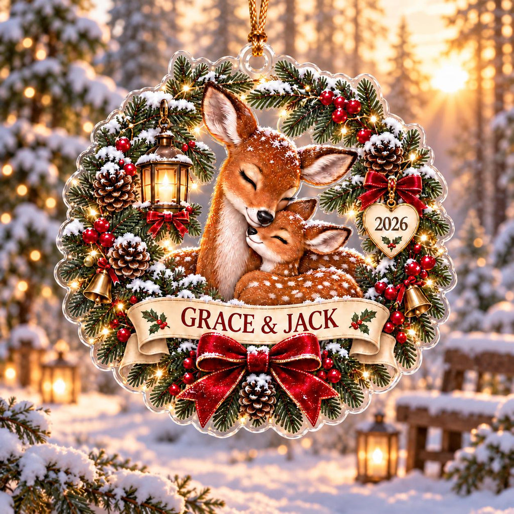Personalized Deer Christmas Ornament, Acrylic Family Keepsake, Doe and Fawn Holiday Decor, Custom Name Christmas Gift
