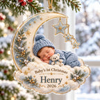 Crescent Moon Baby Ornament, Personalized Photo Acrylic Keepsake, Custom Name Year, Baby First Christmas Gift