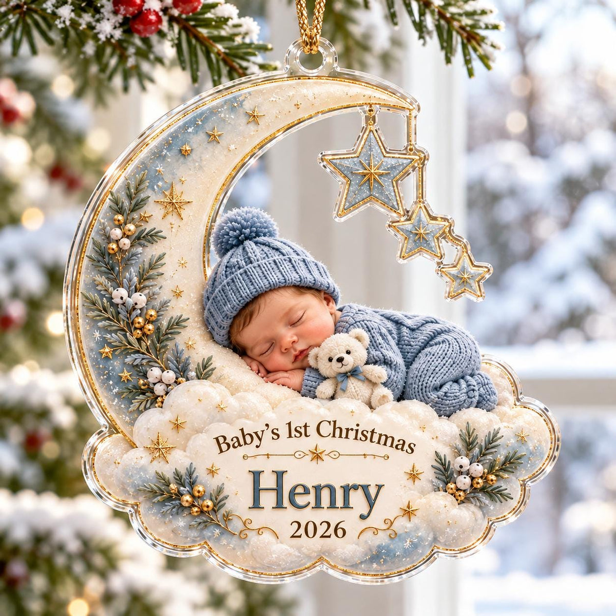 Crescent Moon Baby Ornament, Personalized Photo Acrylic Keepsake, Custom Name Year, Baby First Christmas Gift