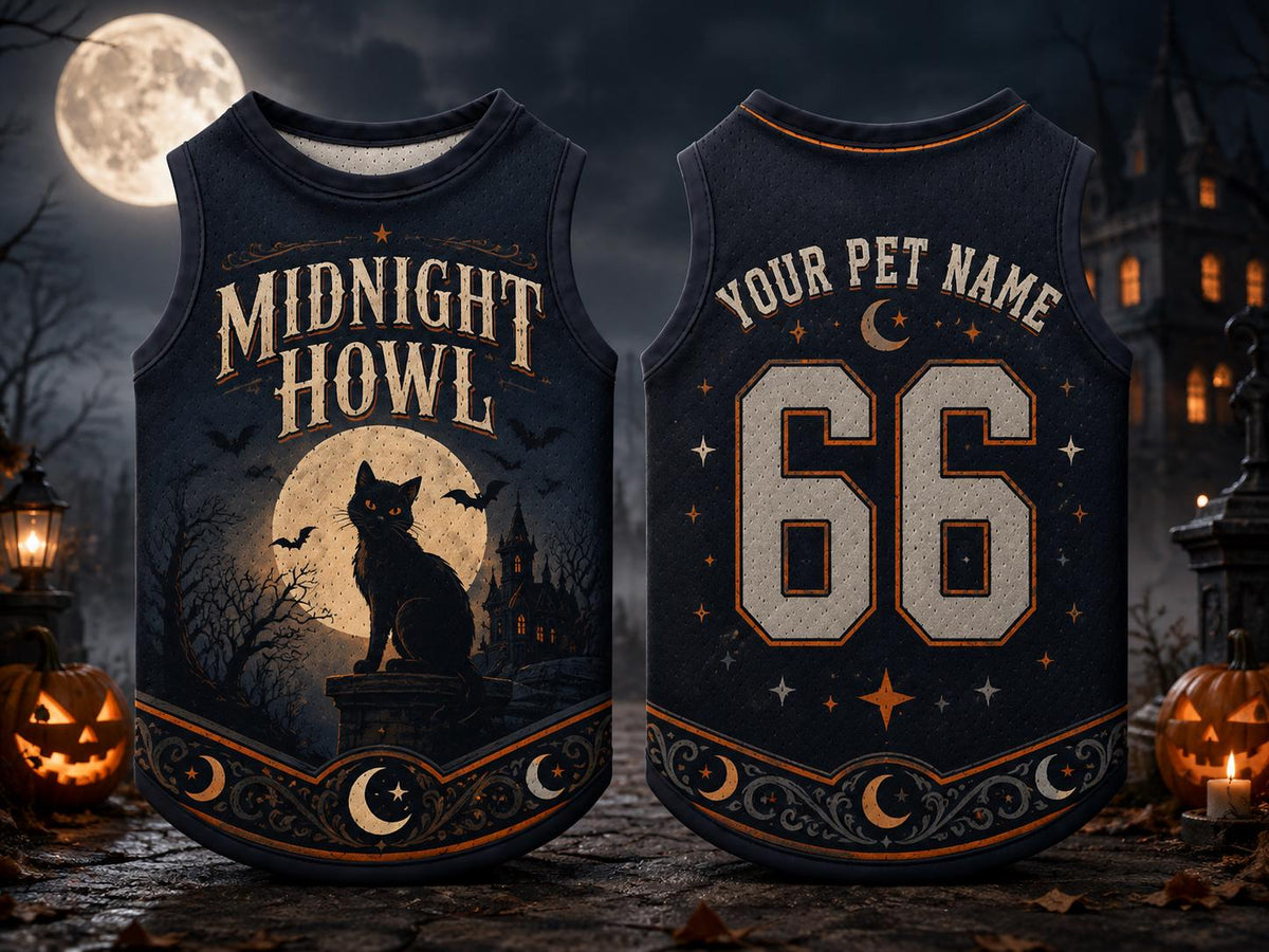 Midnight Howl Pet Jersey, Personalized Dog Name Number Shirt, Black Cat Halloween Costume, Spooky Season Pet Outfit, Pet Lover Gift