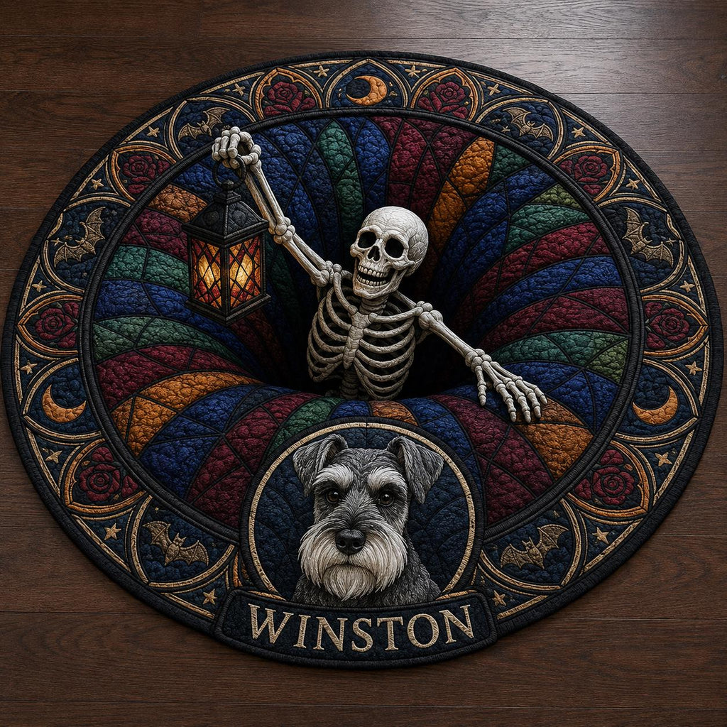 Personalized Halloween Cat Rug, Custom Pet Name Round Mat, Skeleton Knitting Spooky Carpet, Black Cat Moon Decor, Halloween Pet Gift