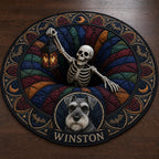 Personalized Halloween Cat Rug, Custom Pet Name Round Mat, Skeleton Knitting Spooky Carpet, Black Cat Moon Decor, Halloween Pet Gift
