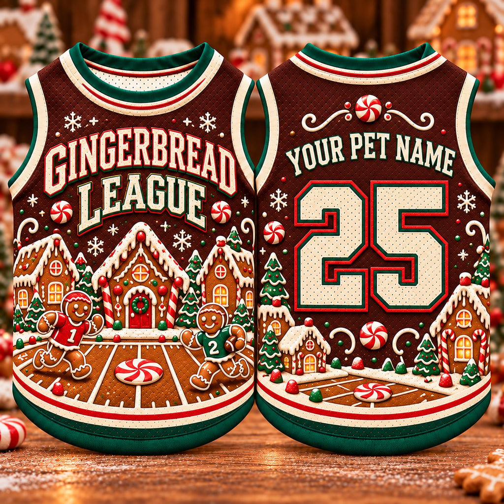 Gingerbread Pet Jersey, Personalized Dog Name Number Shirt, Christmas Pet Top, Holiday Sports Outfit, Custom Dog Gift