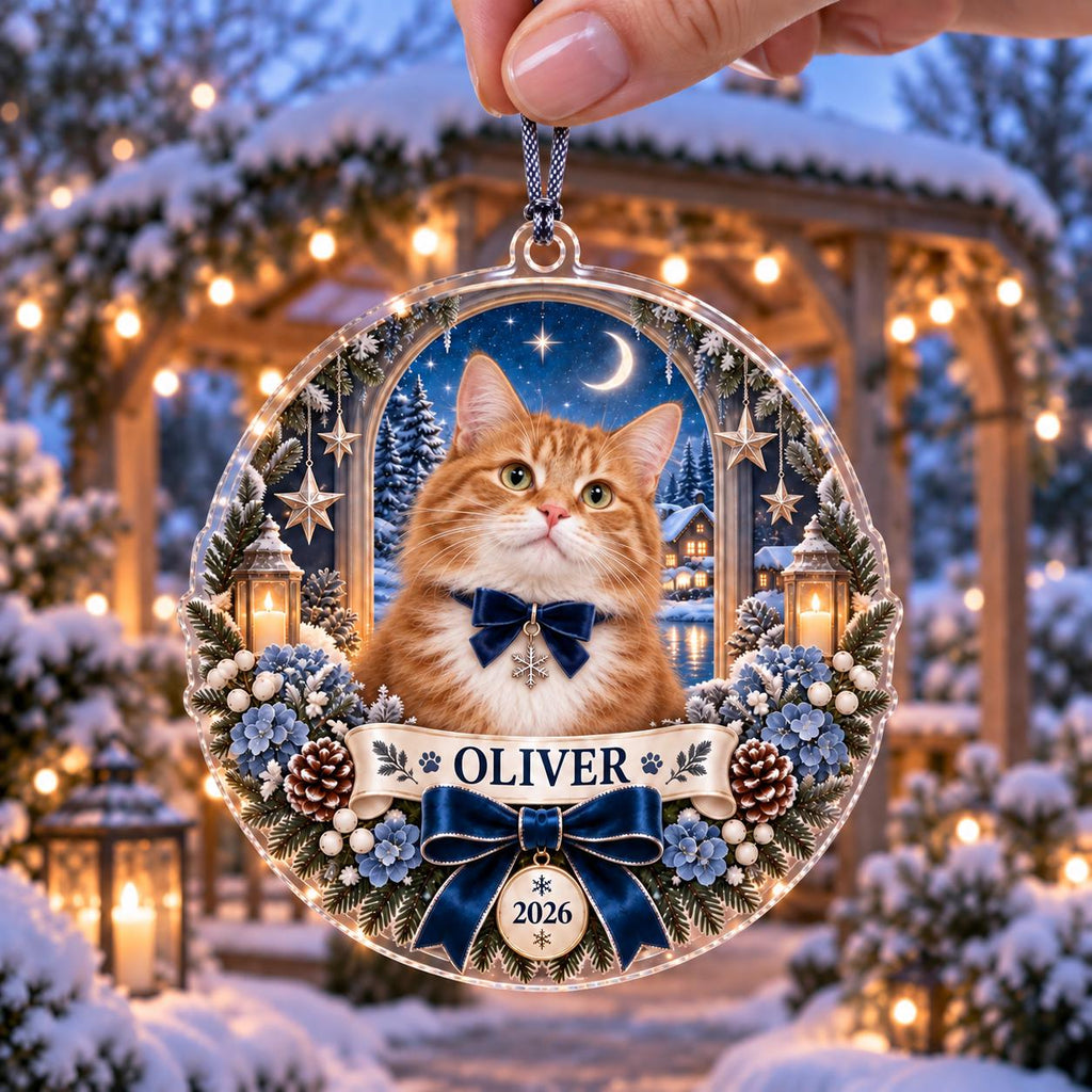 Winter Cat Ornament, Personalized Acrylic Christmas Keepsake, Custom Pet Name Year Decor, Cat Lover Holiday Gift