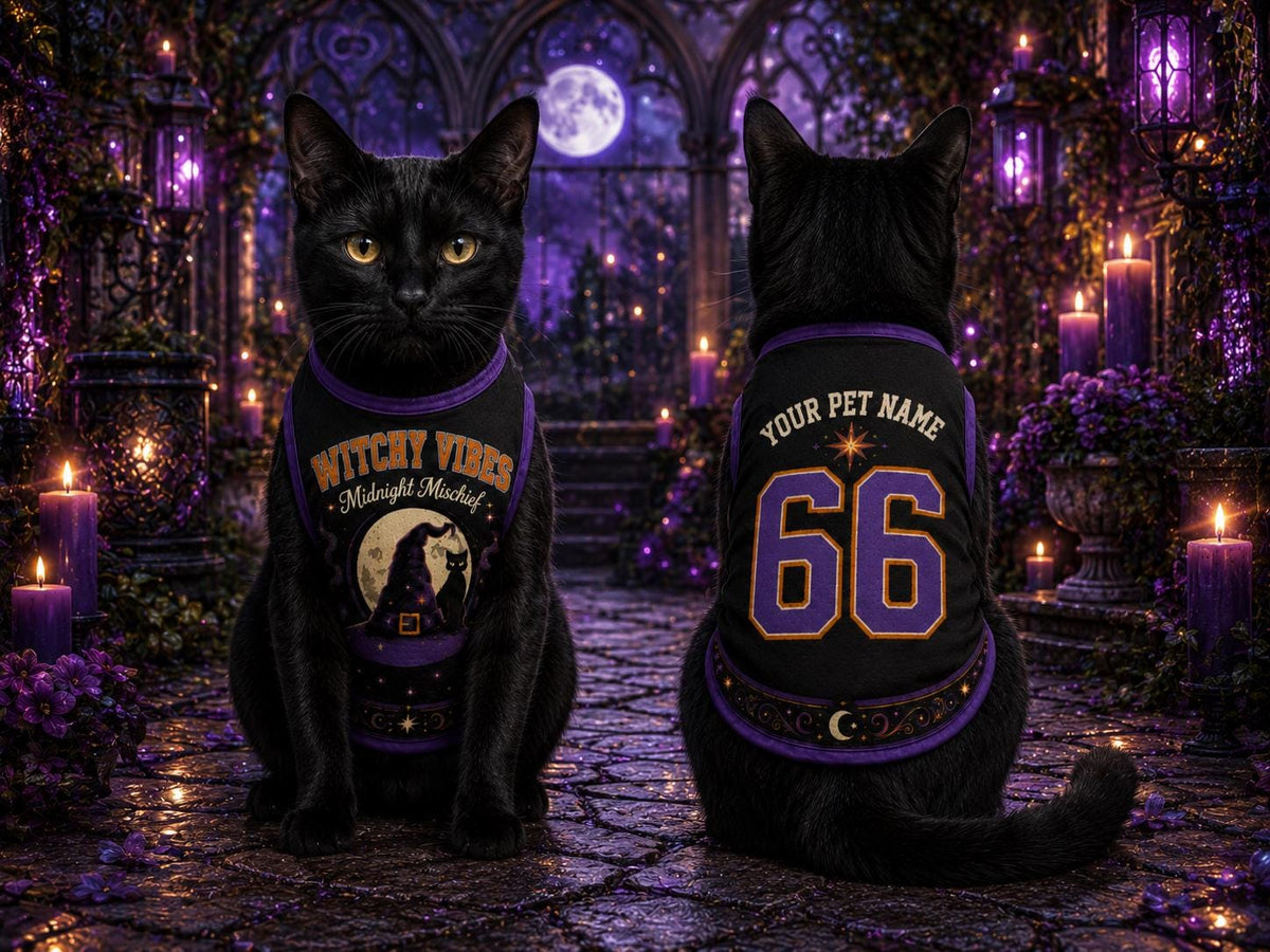 Witchy Vibes Pet Jersey, Personalized Dog Name Number Shirt, Midnight Mischief Halloween Costume, Black Cat Pet Outfit
