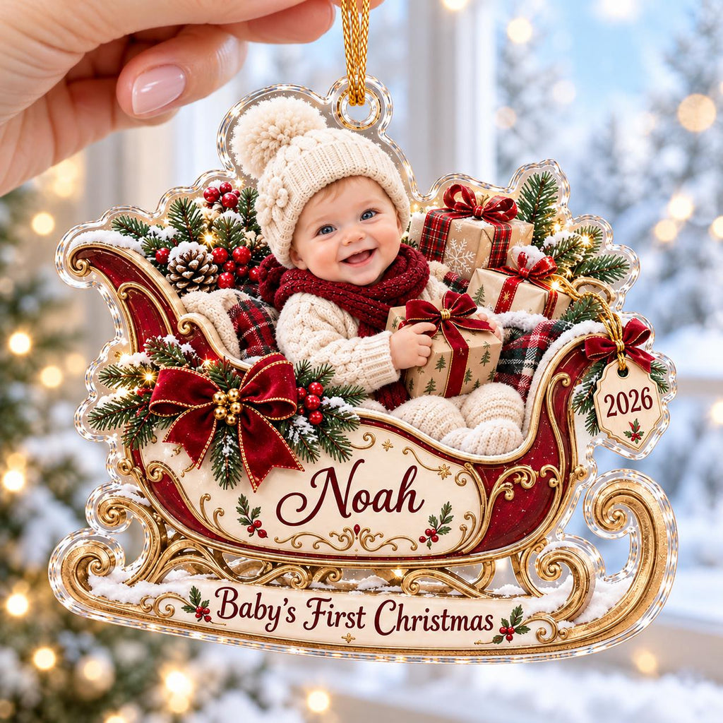 Christmas Sleigh Ornament, Personalized Baby Photo Acrylic Keepsake, Custom Name 2026, First Holiday Gift
