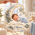 Crescent Moon Baby Ornament, Personalized Photo Acrylic Keepsake, Custom Name Year, Baby First Christmas Gift