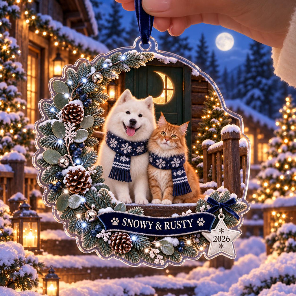Moonlit Pet Christmas Ornament, Personalized Dog Cat Acrylic Keepsake, Custom Pet Name Winter Decor, Pet Parent Gift