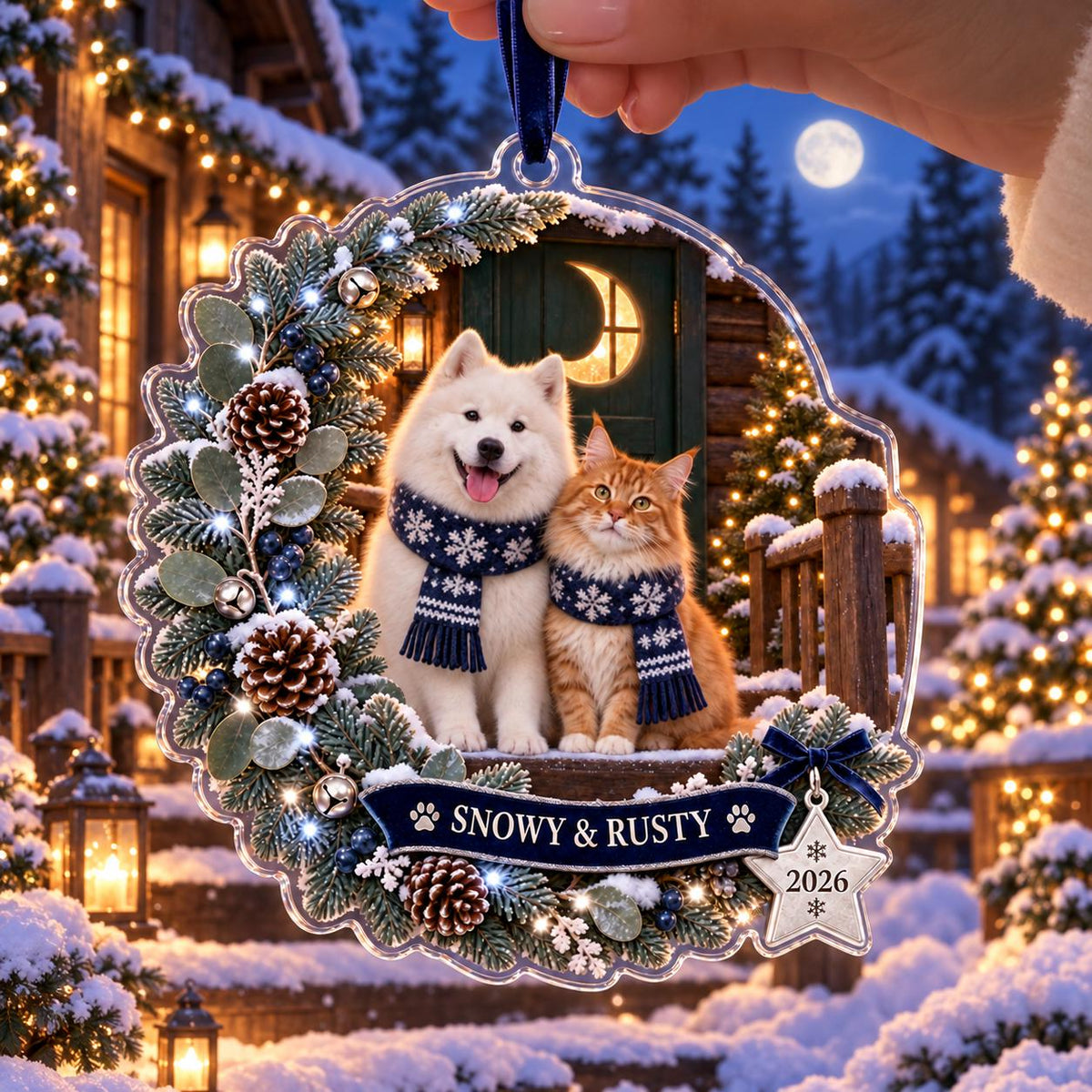 Moonlit Pet Christmas Ornament, Personalized Dog Cat Acrylic Keepsake, Custom Pet Name Winter Decor, Pet Parent Gift