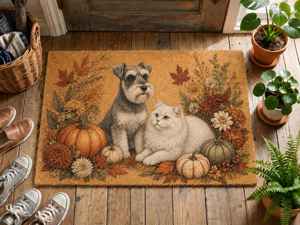 Personalized Fall Pet Doormat, Custom Dog Portrait Welcome Mat, Autumn Pumpkin Floral Door Decor, Pet Lover Housewarming Gift
