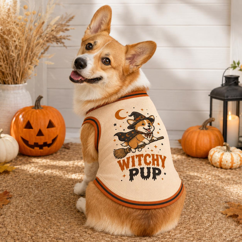 Witchy Pup Pet Jersey, Halloween Dog Shirt, Corgi Witch Costume, Spooky Pet Sports Top, Cute Fall Dog Outfit, Pet Lover Gift