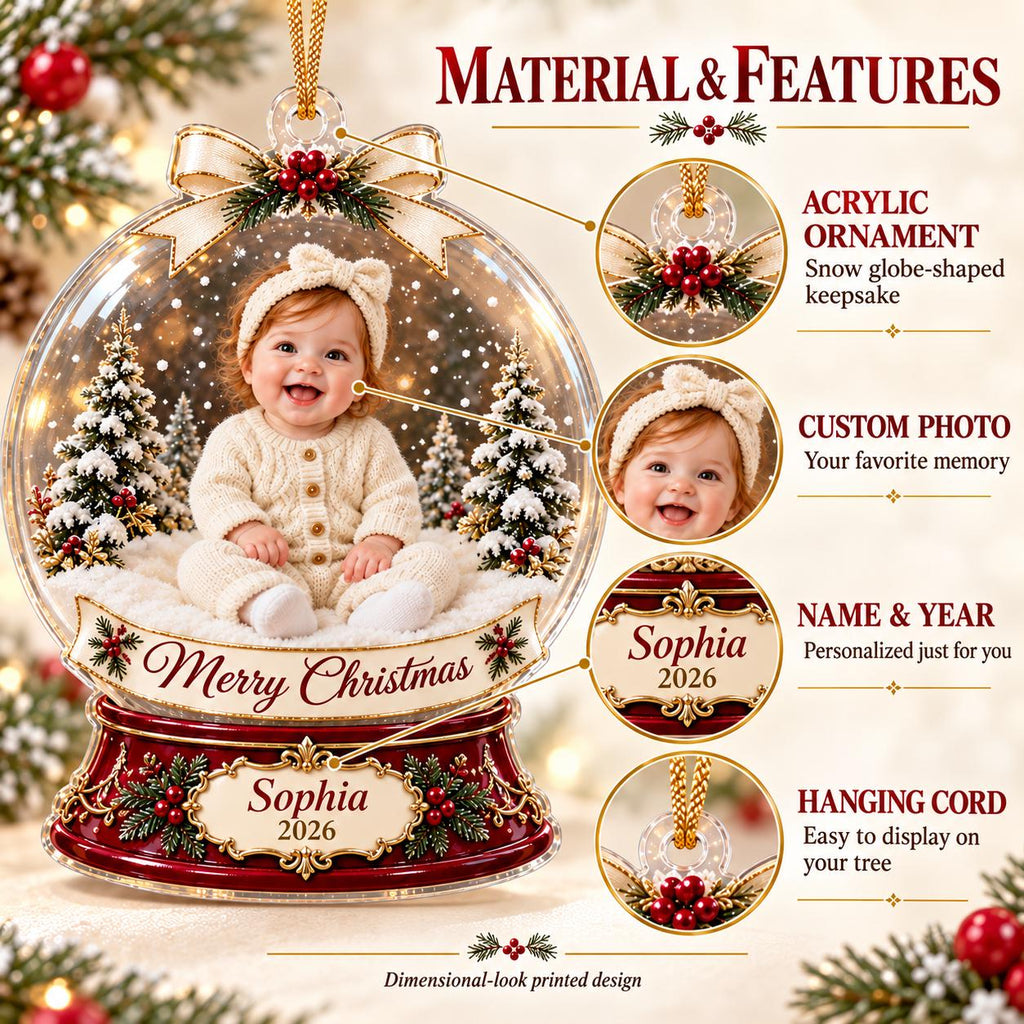 Snow Globe Baby Ornament, Personalized Photo Acrylic Keepsake, Custom Name Year, Christmas Baby Gift