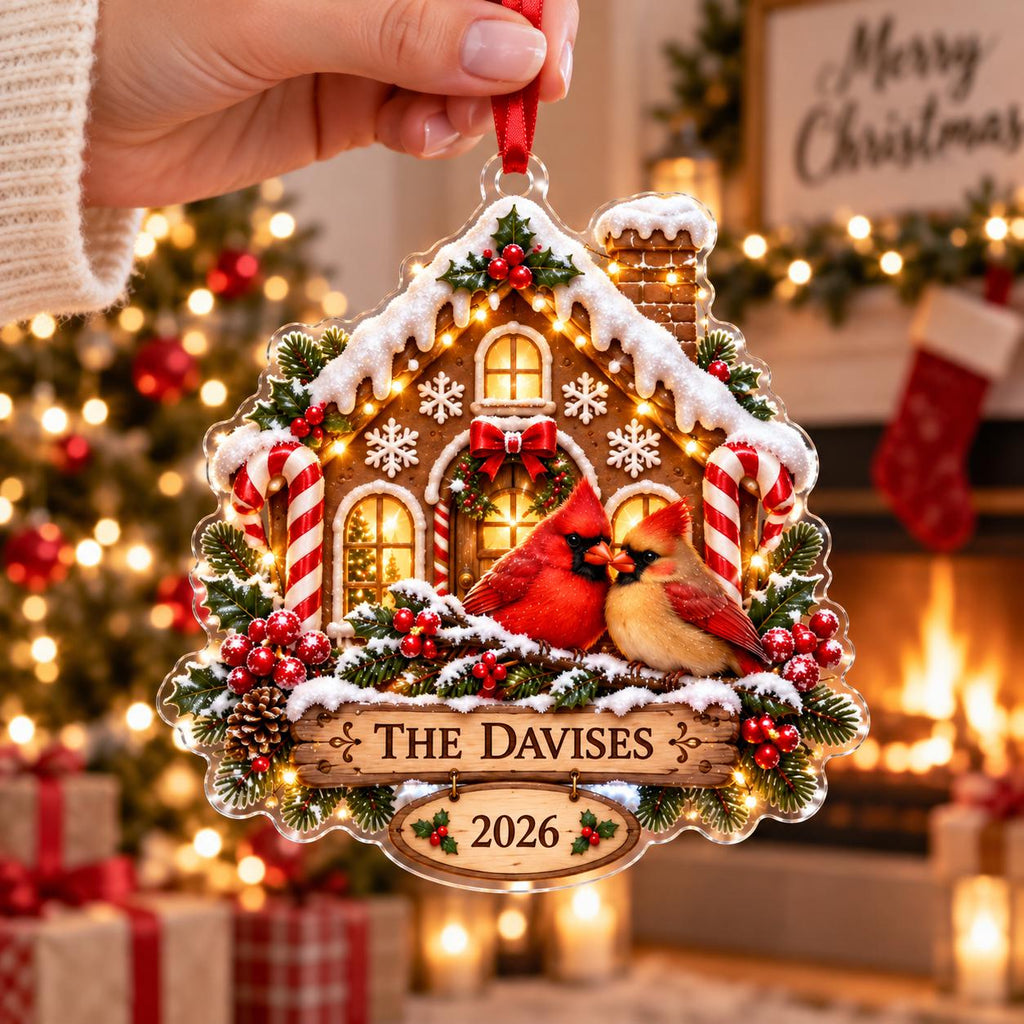 Cardinal Christmas Ornament, Personalized Acrylic Family Keepsake, Gingerbread House Holiday Decor, Bird Lover Gift