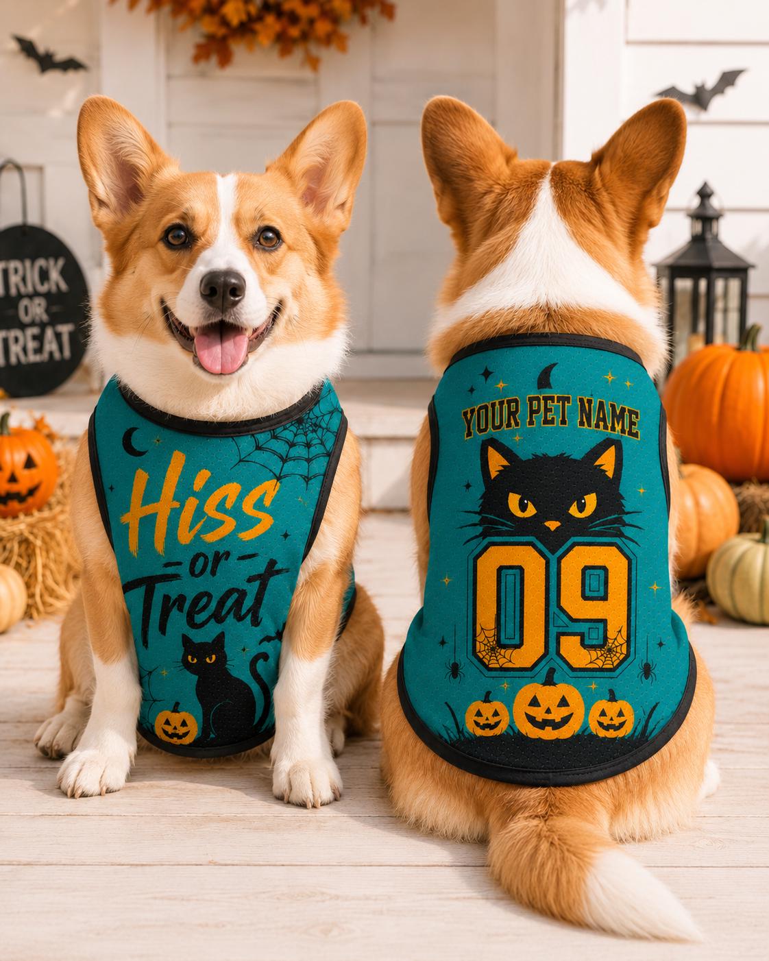 Halloween Pet Jersey, Personalized Cat Dog Name Number Shirt, Hiss or Treat Costume, Black Cat Pumpkin Outfit, Spooky Pet Apparel