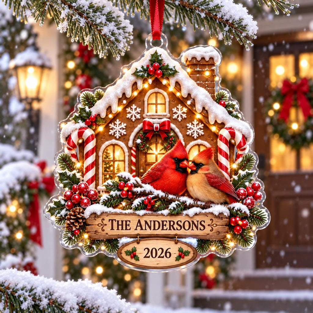 Cardinal Christmas Ornament, Personalized Acrylic Family Keepsake, Gingerbread House Holiday Decor, Bird Lover Gift