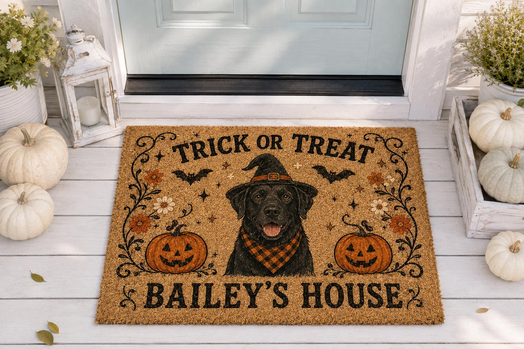 Personalized Halloween Cat Doormat, Trick or Treat Kitty Door Mat, Custom Pet Name Welcome Mat, Pumpkin Fall Porch Decor