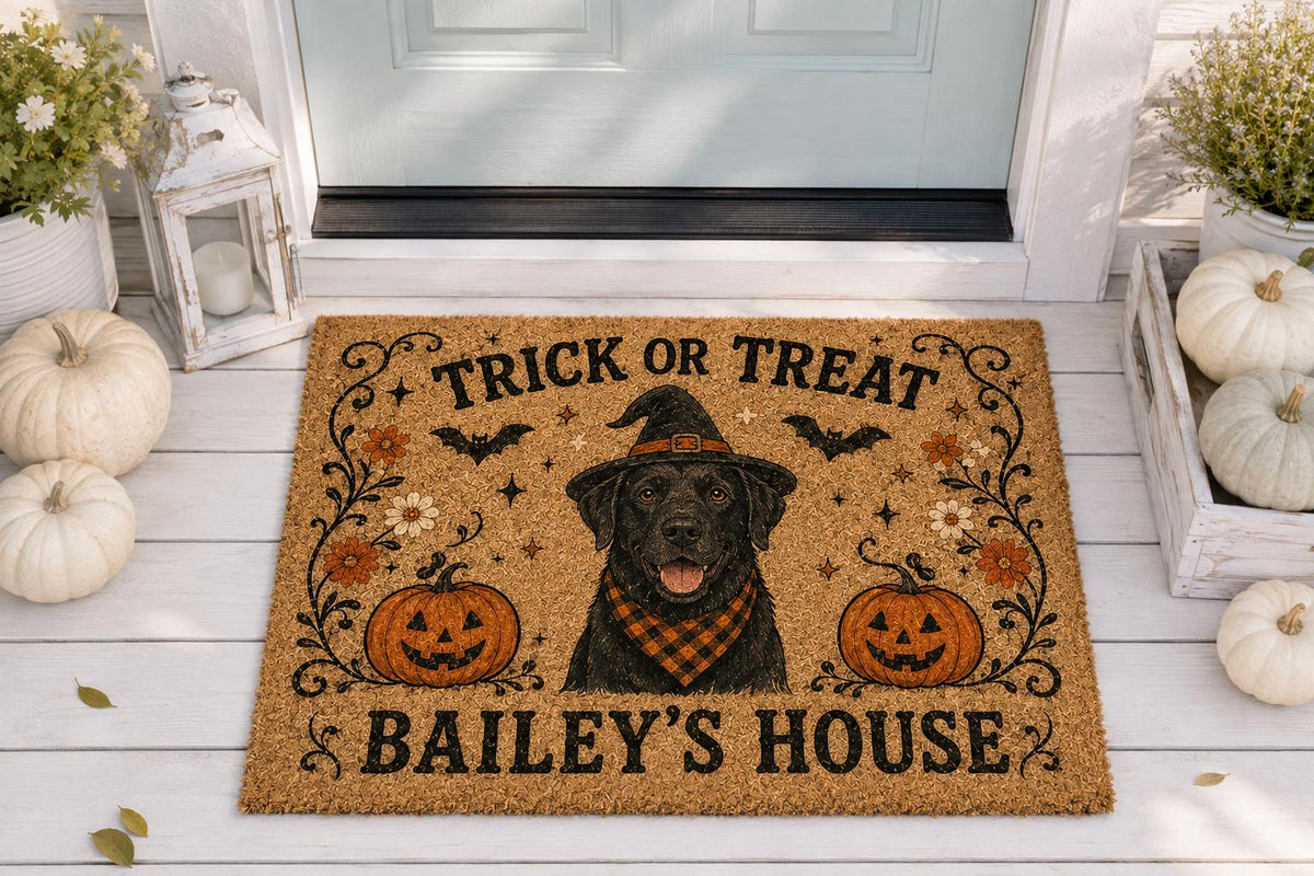 Personalized Halloween Cat Doormat, Trick or Treat Kitty Door Mat, Custom Pet Name Welcome Mat, Pumpkin Fall Porch Decor