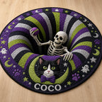 Personalized Halloween Cat Rug, Custom Pet Name Round Mat, Skeleton Knitting Spooky Carpet, Black Cat Moon Decor, Halloween Pet Gift