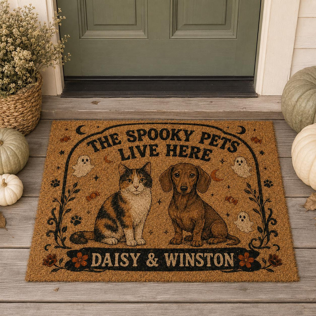 Personalized Pet Halloween Doormat, Spooky Pets Live Here Mat, Custom Dog Cat Name Door Mat, Halloween Porch Decor, Pet Lover Gift