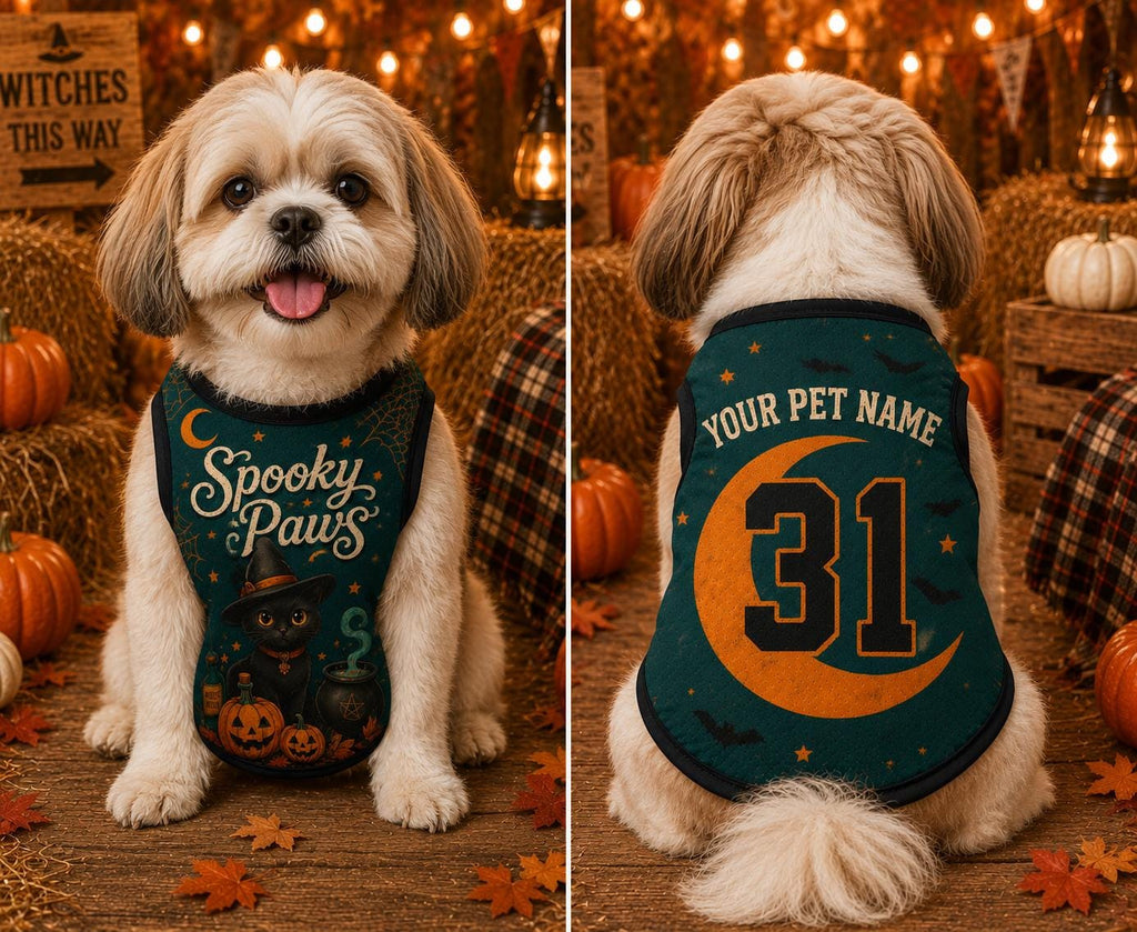 Spooky Paws Pet Jersey, Personalized Dog Cat Name Number Shirt, Black Cat Witch Halloween Costume, Pumpkin Pet Outfit, Pet Lover Gift