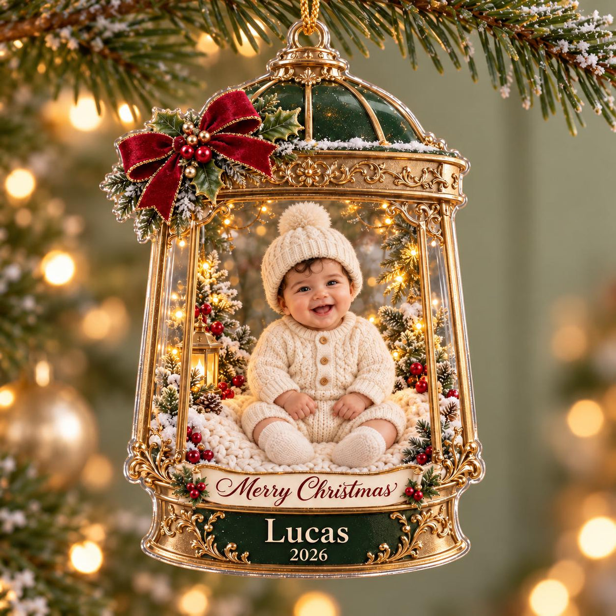 Christmas Lantern Baby Ornament, Personalized Photo Acrylic Keepsake, Custom Name Year, First Holiday Gift