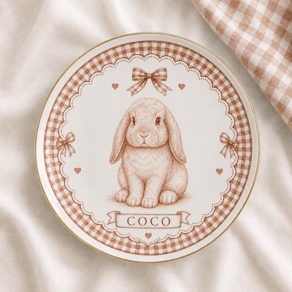 Personalized Dog Ceramic Dish, Custom Pet Name Plate, Blue Gingham Puppy Keepsake, Bow Dog Trinket Dish, Pet Lover Gift