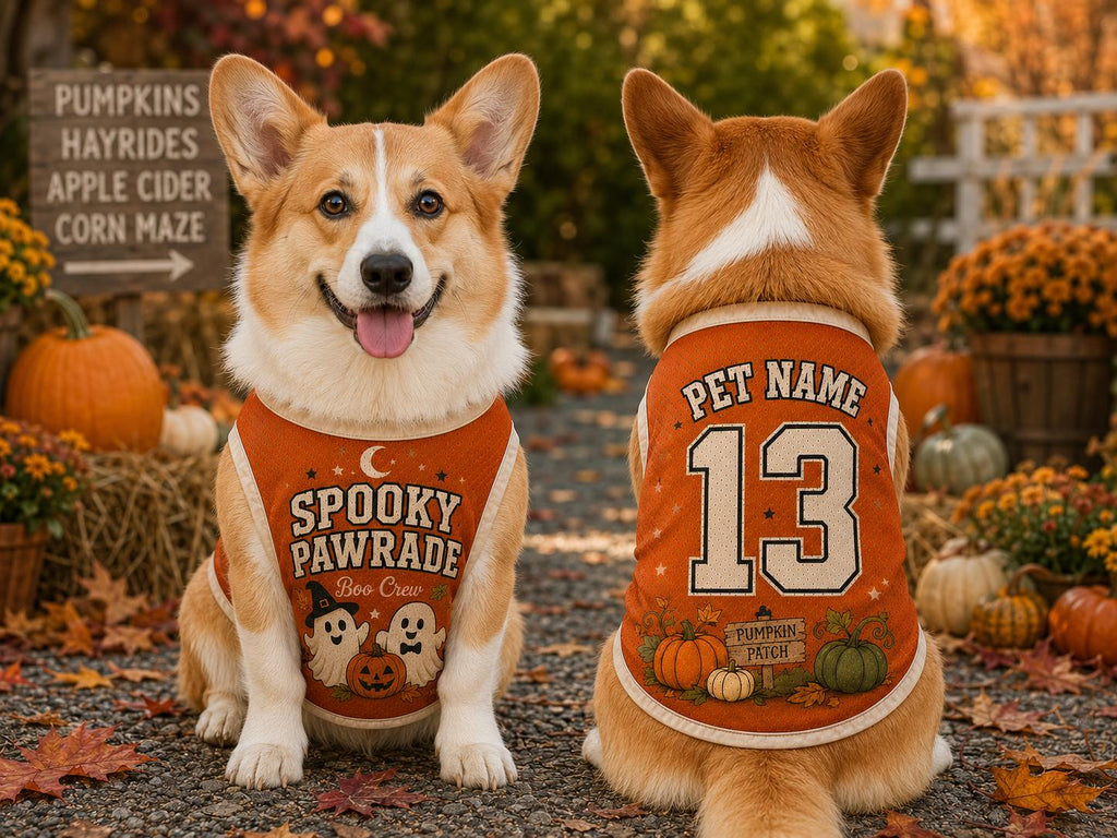 Spooky Pawrade Pet Jersey, Custom Name Number Dog Shirt, Boo Crew Ghost Outfit, Pumpkin Patch Fall Costume, Halloween Pet Gift