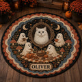 Ghost Picnic Cat Rug, Custom Pet Name Round Carpet, Cozy Halloween Ghost Mat, Autumn Mushroom Decor, Cat Lover Fall Gift