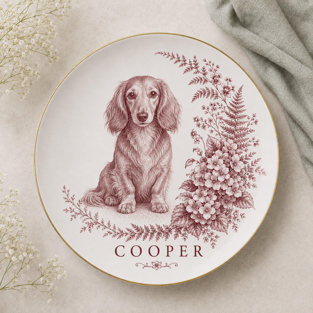 Personalized French Bulldog Portrait Plate, Custom Dog Portrait, Frenchie Memorial Gift, Custom Pet Name Plate, Botanical Dog Lover Gift