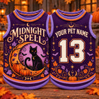 Midnight Spell Pet Jersey, Personalized Dog Name Number Shirt, Black Cat Halloween Top, Pumpkin Pet Costume, Spooky Gift