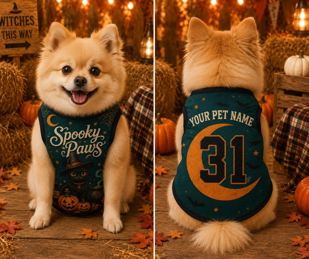 Spooky Paws Pet Jersey, Personalized Dog Cat Name Number Shirt, Black Cat Witch Halloween Costume, Pumpkin Pet Outfit, Pet Lover Gift