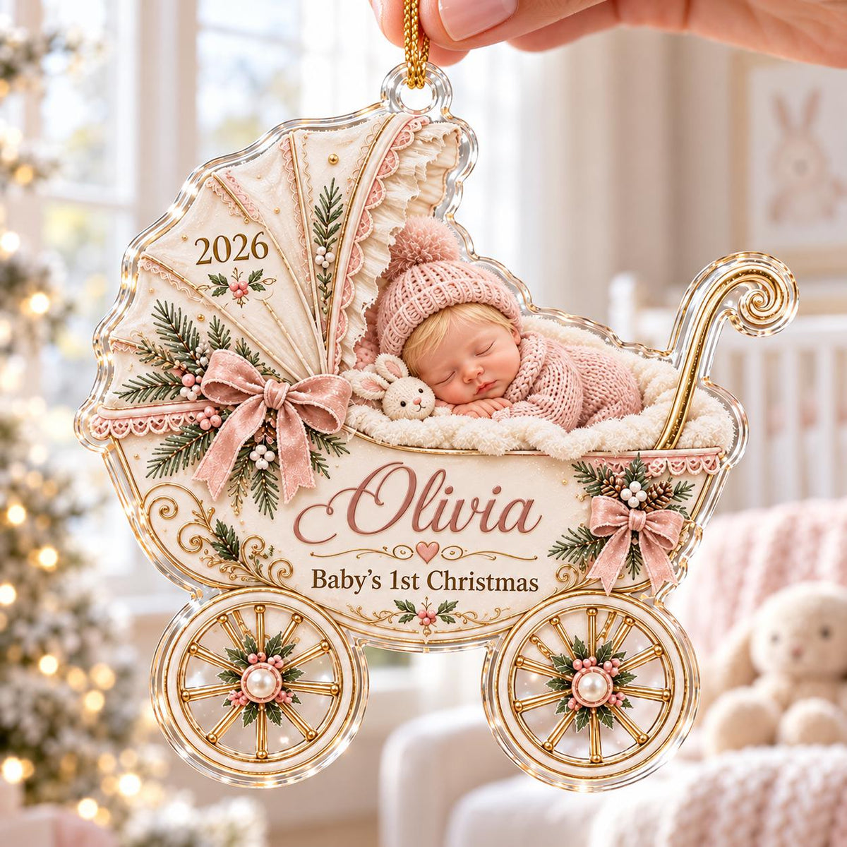 Baby Carriage Ornament, Personalized Photo Acrylic Keepsake, Custom Name Year, Baby First Christmas Gift