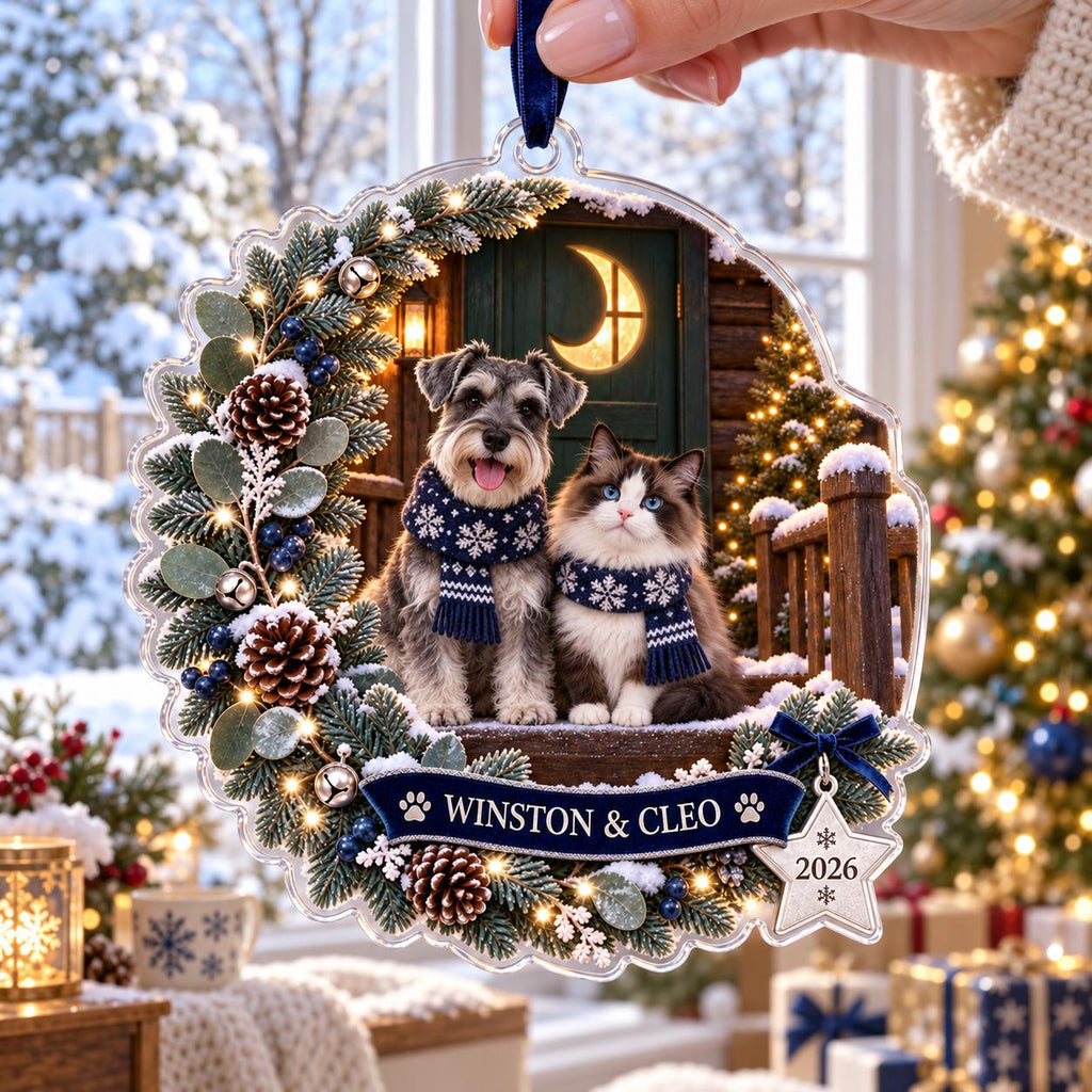 Moonlit Pet Christmas Ornament, Personalized Dog Cat Acrylic Keepsake, Custom Pet Name Winter Decor, Pet Parent Gift